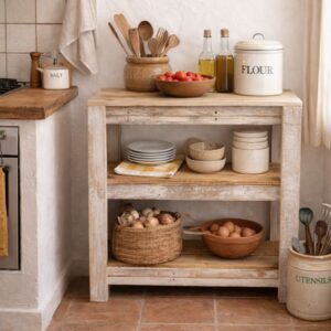 CONSOLA BLANCA DECAPADA CON BASES NATURALES ( 3 ESTANTES )